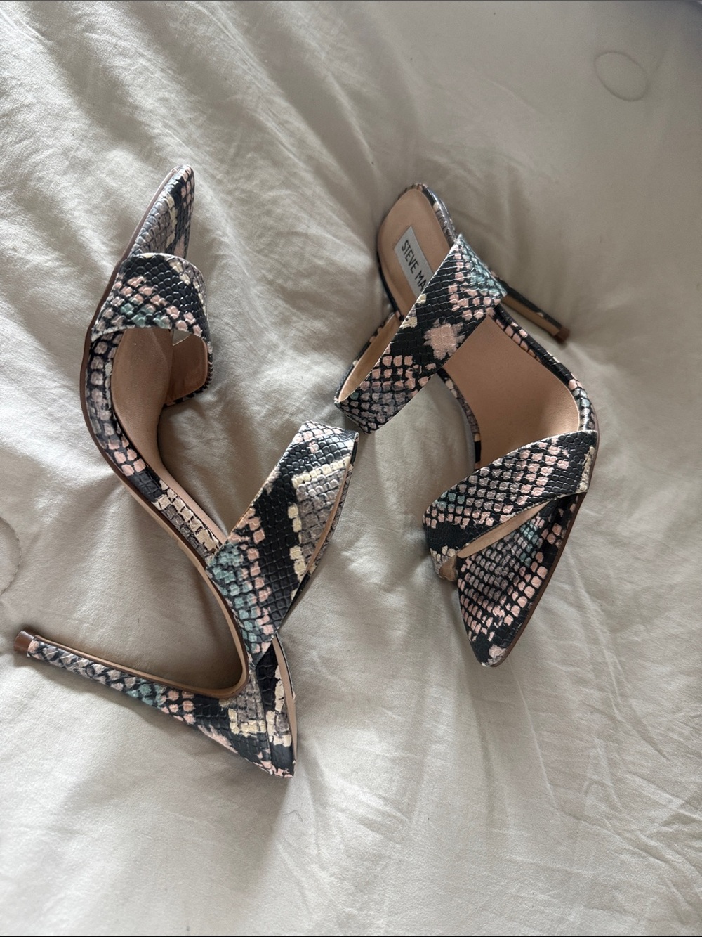 Steve Madden Pink, Cream & Black Snakeskin Strappy Stiletto Sandals